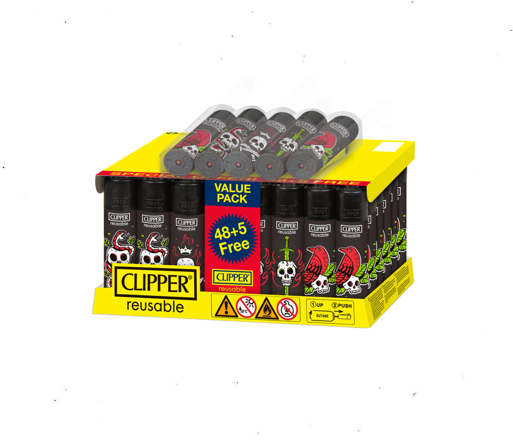 Clipper Lighters - Skull Tattoo (48pcs + 5 Free Lighters)